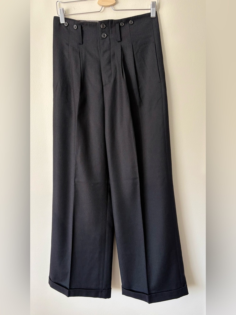 Ralph Lauren Rugby Wool Pinstripe Wide Leg Trouser Pants Black Size 6